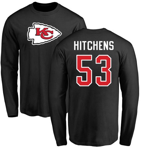 Men Kansas City Chiefs #53 Hitchens Anthony Black Name and Number Logo Long Sleeve NFL T Shirt->nfl t-shirts->Sports Accessory